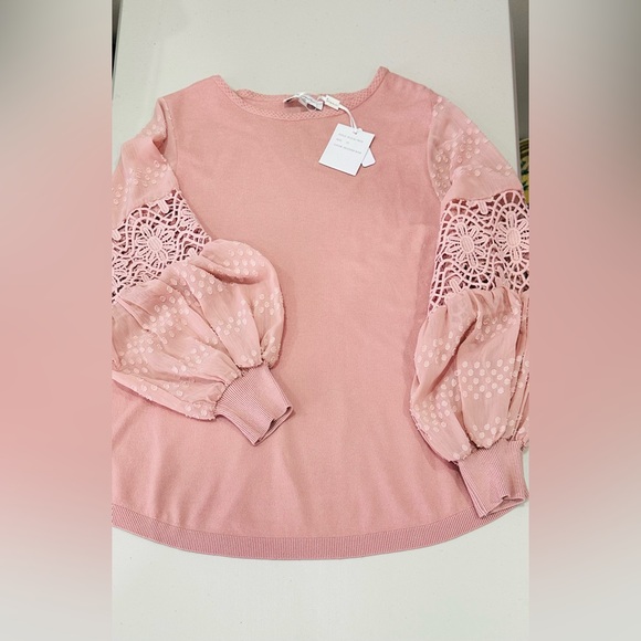 Sioni Sweater Women 1X Lace‎ Bubble Sleeve Jumper Pink Coquette Crew Neck NWT - Picture 1 of 10